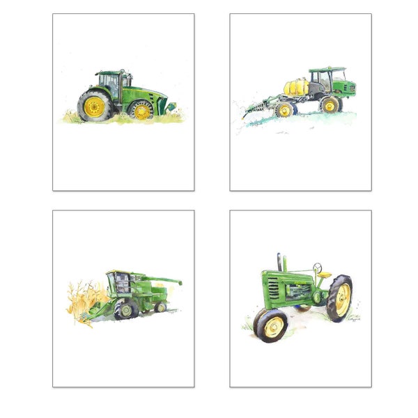 Set of 4 Green Tractor Prints, Tractor Decor for Boys Room, Farm Nursery Wall Art, PORTRAIT orientation, Print Wall Art