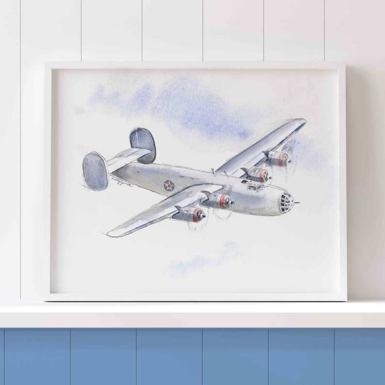 WWII Military Bomber Planes Art Prints Set, WW2 Airplane Prints, Boys Wall Art, Gift for Husband, Dad, Blue Gray Decor, Watercolor Paintings image 4