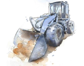 Blue Gray Wheel Loader Truck Print for Toddler Boys Room, Construction Wall Art, Nursery Wall Decor, Watercolor