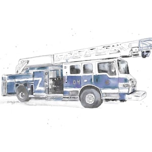 Blue Gray Fire Truck Print for Baby or Toddler Boys Bedroom, Modern Fire Truck Wall Art, Watercolor, Digital Download