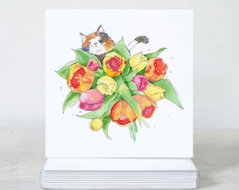 Cats and Flowers Greeting Cards Set For Wife Mom Girlfriend, Birthday, Anniversary, Get Well Cards From the Cats, Free Personalization