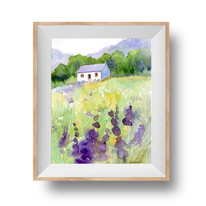 Set of 2 Watercolor Landscape Art Prints, Countryside Scene with Farmhouse, Mountains and Flowers, Cottagecore Wall Art image 3