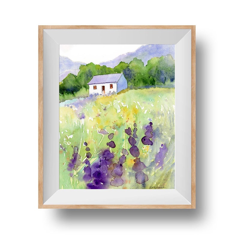 Set of 2 Watercolor Landscape Art Prints, Countryside Scene with Farmhouse, Mountains and Flowers, Cottagecore Wall Art image 3