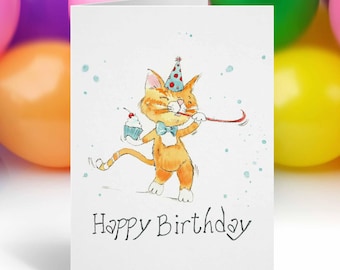 Orange Tabby Cat Birthday Card, Cute Cat Lover Birthday Card, Watercolor Ginger Cat Greeting Card, Funny Happy Birthday Card