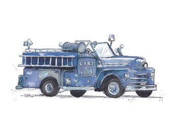 Blue Gray Fire Truck Wall Art Print, Nursery Art, Baby or Toddler Bedroom, Personalized Fire Truck Decor, Watercolor