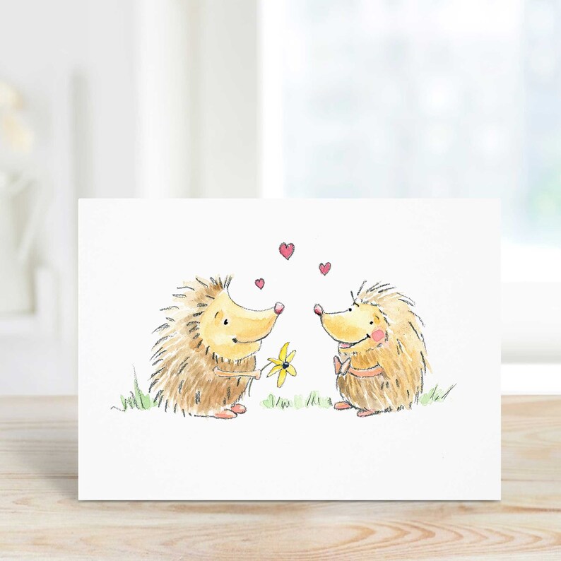 Hedgehog Card for Anniversary or Birthday, for Boyfriend, Girlfriend, Husband, Wife, Love Card, Blank or Free Personalization image 1