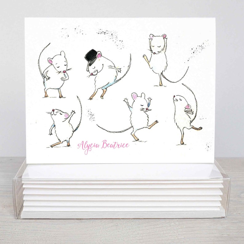 Dancing Mice Note Cards Set, Mouse Greeting Cards, Personalized Gift for Her, Thank You Gift, A6 4.5 x 6.25 in., Blank Inside image 3