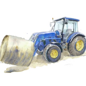 Blue Tractor Print #5 for Toddler Boys Room, Haybaler Tractor Wall Art, Farm Nursery Decor, Gift for Boyfriend, Watercolor