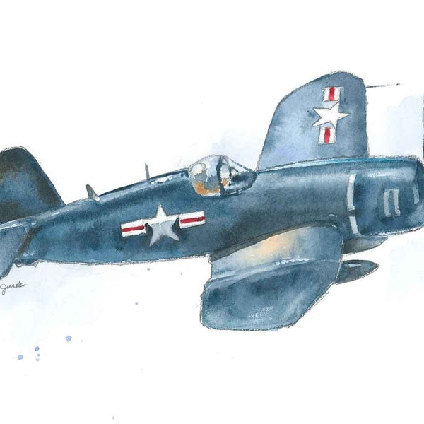 F4U Corsair Print, Military Airplane Print, Airplane Wall Art, Boys Room Decor, Watercolor, Giclee or Canvas