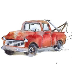 Red Tow Truck Print, Truck Nursery Decor, Truck Nursery Art, Red Truck Print, Vintage Tow Truck Art, Watercolor Painting image 1