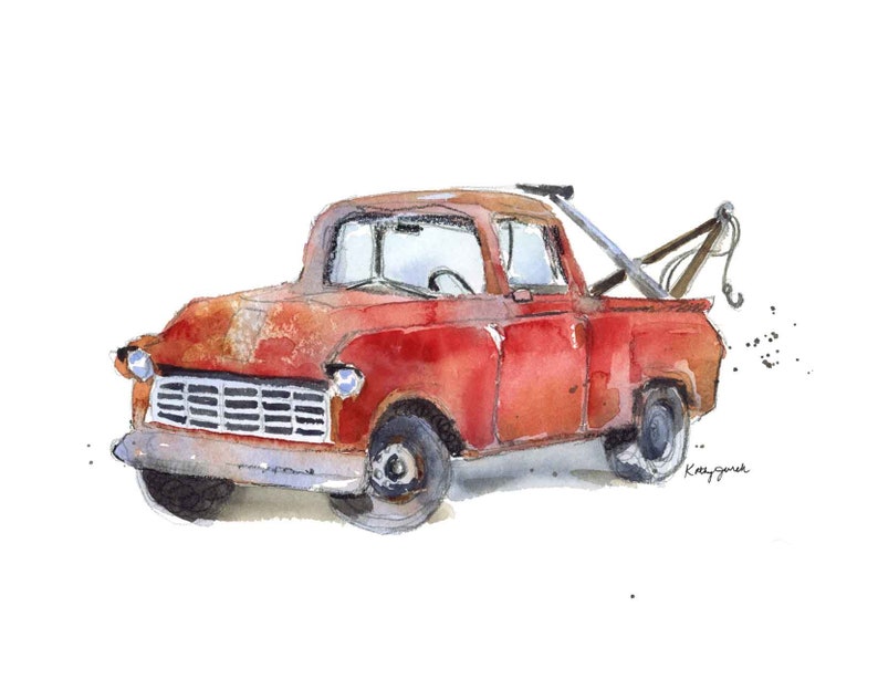 Red Tow Truck Print, Truck Nursery Decor, Truck Nursery Art, Red Truck Print, Vintage Tow Truck Art, Watercolor Painting image 1