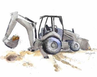 Backhoe Print, Blue Gray Construction Print for Toddler Boys Room, Nursery Wall Art, New Baby Shower Gift, Vehicle