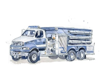 Blue Gray Fire Truck Print for Toddler Boys Room, Nursery Wall Decor, Rescue Vehicles Wall Art