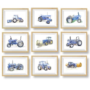 Blue Tractor Print Set, Farm Nursery Wall Art, Baby Toddler Boys Room Decor, Watercolor Tractor, Gift for Farmer