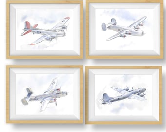 WWII Military Bomber Planes Art Prints Set, WW2 Airplane Prints, Boys Wall Art, Gift for Husband, Dad, Blue Gray Decor, Watercolor Paintings