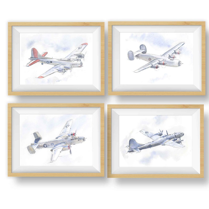 WWII Military Bomber Planes Art Prints Set, WW2 Airplane Prints, Boys Wall Art, Gift for Husband, Dad, Blue Gray Decor, Watercolor Paintings image 1