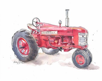 Red Tractor #8 Print Wall Art, Tractor Wall Decor, Farm Nursery Art, Toddler Boys Room Decor, Watercolor