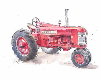 Vintage Red Tractor Watercolor Print, Farm Nursery Wall Art (Digital Download)