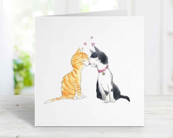 Kissing Cats Card #5, Free Personalization, Gray and White Cat Orange Tabby, Birthday, Anniversary Card wife, girlfriend, husband, boyfriend