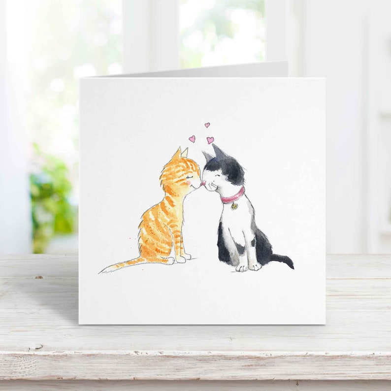 Kissing Cats Card 5, Free Personalization, Gray and White Cat Orange Tabby, Birthday, Anniversary Card wife, girlfriend, husband, boyfriend image 1