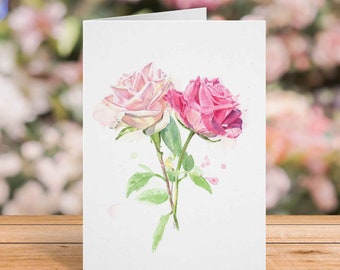 Pink Rose Card for Valentine's Day, Anniversary, Birthday, for Girlfriend, Wife, Mom, Free Personalization, Watercolor