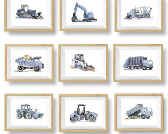 Blue Gray Truck Prints Set for Baby or Toddler Boys Room, Construction Decor, Truck Wall Art, Navy Blue Gray, Watercolor