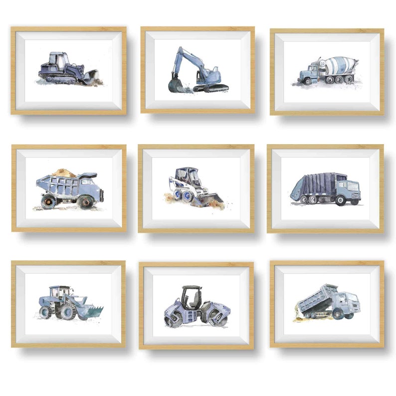 Blue Gray Truck Prints Set for Baby or Toddler Boys Room, Construction Decor, Truck Wall Art, Navy Blue Gray, Watercolor image 1