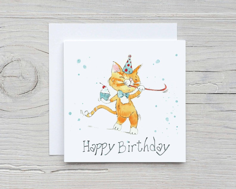 Orange Cat Birthday Card, Kids Birthday Card, Marmalade Cat Greeting Card with White Envelope, 5.25 x 5.25 in. image 2