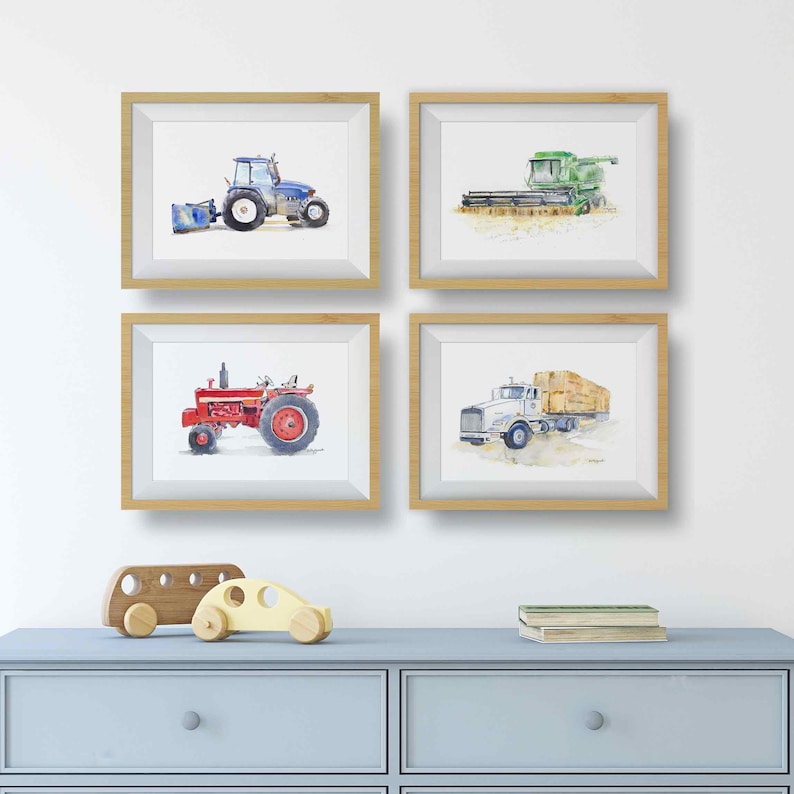 Farm Tractor Prints for Baby and Toddler Boys Room, Farm Nursery Decor, Kids Wall Art, Watercolor image 1