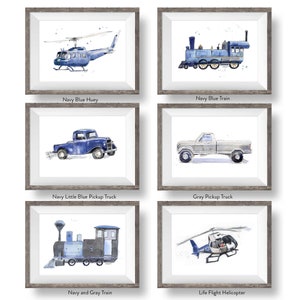 Navy Blue Transportation Prints Set for Toddler Boys Room, Vehicle Wall Art, Nursery Wall Decor, Watercolor image 5