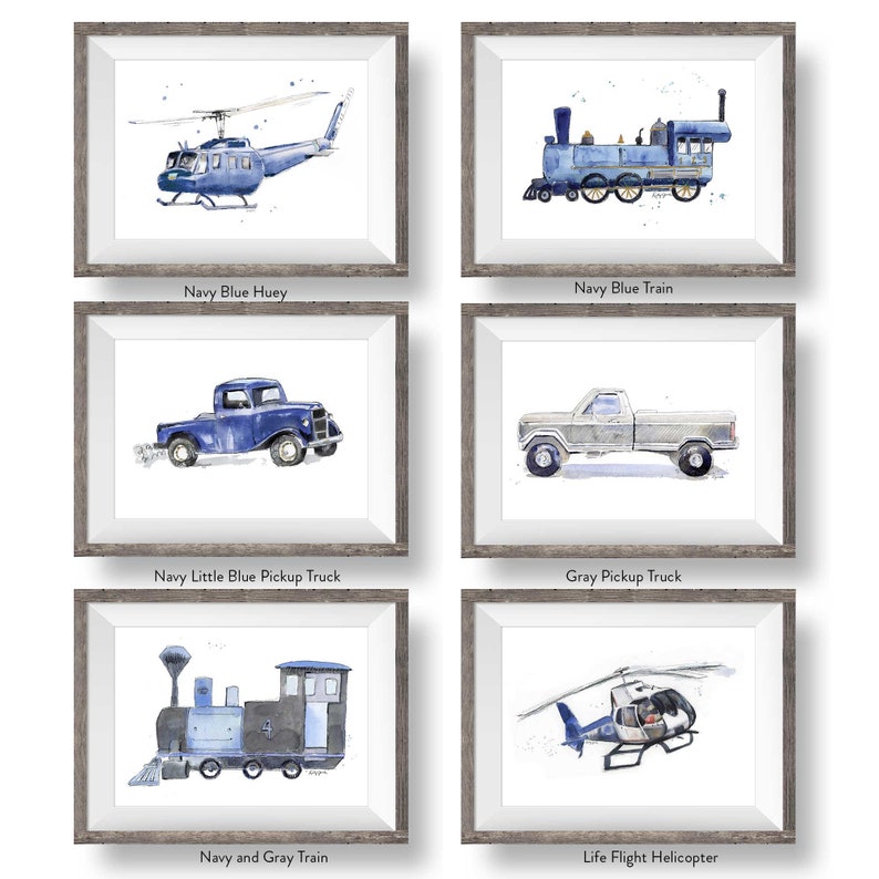 Navy Blue Transportation Prints Set for Toddler Boys Room, Vehicle Wall Art, Nursery Wall Decor, Watercolor image 5