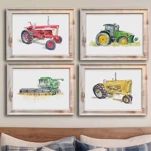 Farm Tractor Prints Set,  Nursery Decor, Watercolor Tractor Decor, Farmhouse Decor, Art Print, Tractor Nursery, Kids Wall Art