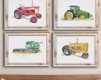 Set de láminas de tractores agrícolas, decoración para habitación infantil, decoración de tractores en acuarela, decoración de estilo rústico, lámina artística, decoración infantil con tractores, arte mural para niños