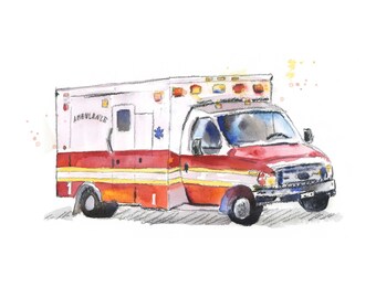 Ambulance Print, Rescue Vehicles Nursery Art, Ambulance Wall Art Decor, Emergency Responders, Watercolor, Print or Canvas
