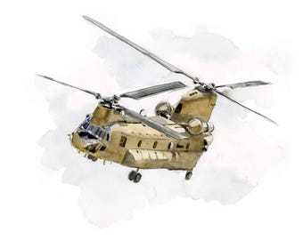 May include: A watercolor illustration of a tan tandem-rotor military helicopter in flight. The aircraft features two large rotor systems, a cockpit with visible windows, a rectangular fuselage with side ports, and landing gear extended downward.