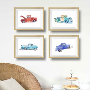 Pickup Truck Prints Set for Baby or Toddler Boy's Room, Truck Wall Decor, Wall Art Gift for Fathers Day, Watercolor image 1