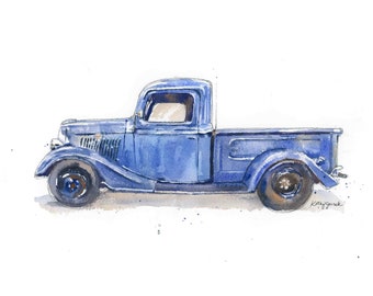 Marineblauwe pick-up truck Wall Art Print voor tiener peuter baby jongens kamer, vintage vrachtwagen, kinderkamer decor, aquarel