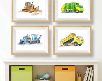 Láminas de camiones para habitaciones de bebés y niños pequeños, decoración de construcción para dormitorio, arte de pared infantil, decoración de pared para guardería, elige entre más de 35 camiones