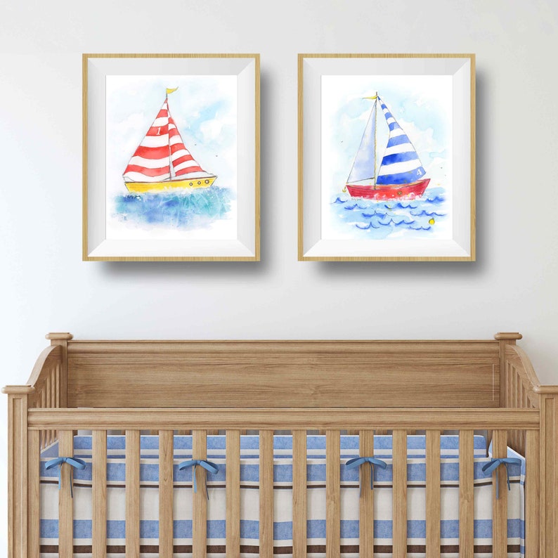 Blue Sailboat Print for Baby Nursery or Toddler's Bedroom, Nautical Wall Art for Kids' Rooms, Preschool, Playroom Decor, Watercolor image 6