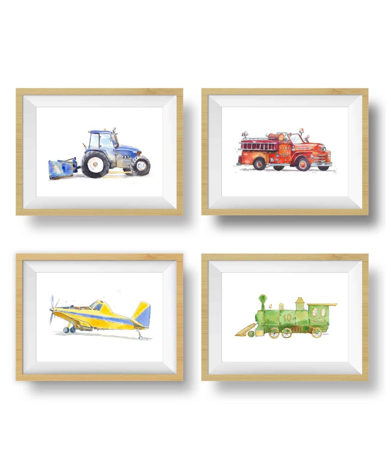 40 Transportation Prints for Toddler Boys Room, Choose Set of 3 or 4, Trucks, Tractors, Helicopters, Train Prints, Nursery Wall Art image 3