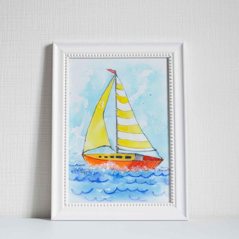 Yellow Sailboat Print for Baby and Toddlers Rooms, Nautical Nursery Wall Decor, Boys and Girls, Preschool Playroom, Watercolor image 7