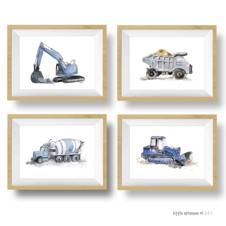 Set of 3, 4 or 6 blue and gray construction truck prints for toddler boys room
