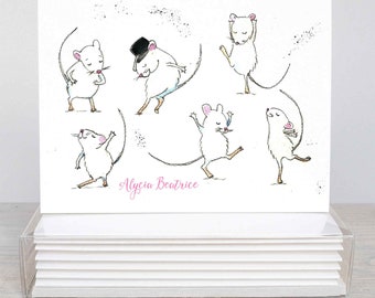 Dancing Mice Note Cards Set, Cute Mouse Greeting Cards, Gift for Her, A6 4.5 x 6.25 in., Free Personalization