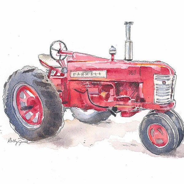 Vintage Red Tractor Print #8 for Nursery or Kids Room, Farm Nursery Wall Art, Tractor Gift, Watercolor, Father's Day, Office, Kitchen