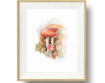 Láminas artísticas de hongos rojos, juego de 2, decoración de cocina en rojo y naranja, sala de estar, oficina, acuarela pintada a mano