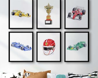 Juego de impresiones artísticas de pared de coches de carreras de Fórmula 1, acuarela roja, azul, amarilla y verde, para decoración de dormitorio infantil.