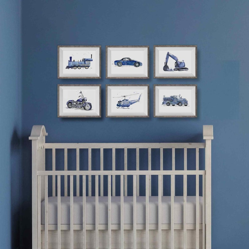 Navy Blue Transportation Prints Set for Toddler Boys Room, Vehicle Wall Art, Nursery Wall Decor, Watercolor image 3