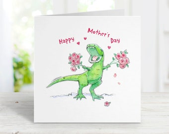 Cute T-Rex Dinosaur Mother's Day Card for Mom, Grandmother, Daughter, Girlfriend, Watercolor, Free Personalization