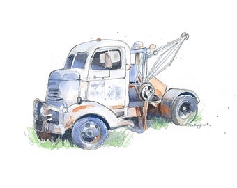 White Tow Truck Print for Toddler Boys Rooms, Blue Gray Truck Wall Decor, Transportation Wall Art, Nursery Art