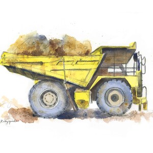 Yellow Dump Truck Print for Boys Bedroom, Construction Print for Nursery, Truck Wall Art, Watercolor image 1